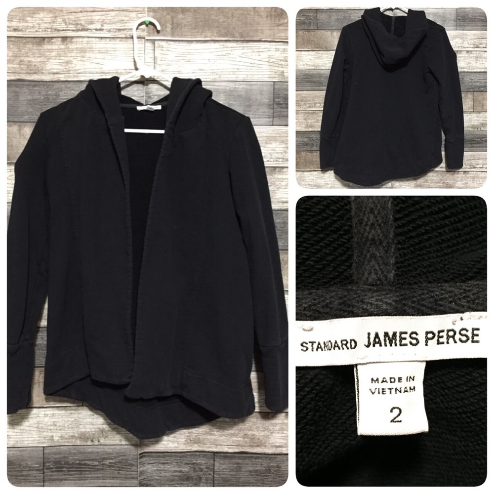James Perse Hooded Sweatshirt Open Front Women’s 2 Black 100% Cotton READ